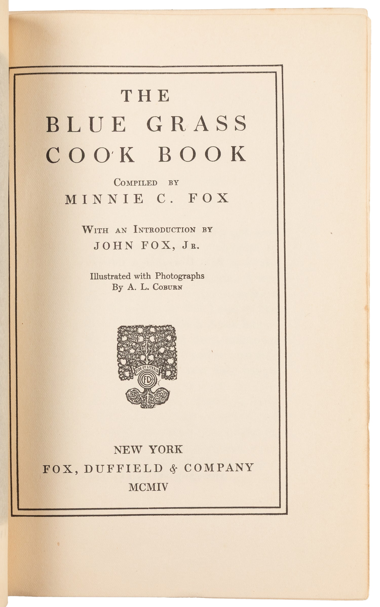 [COOKERY]. [PHOTOGRAPHY]. FOX, Minnie. The Blue Grass Cook Book. New York: Fox, Duffield & Co., (1 of 3)