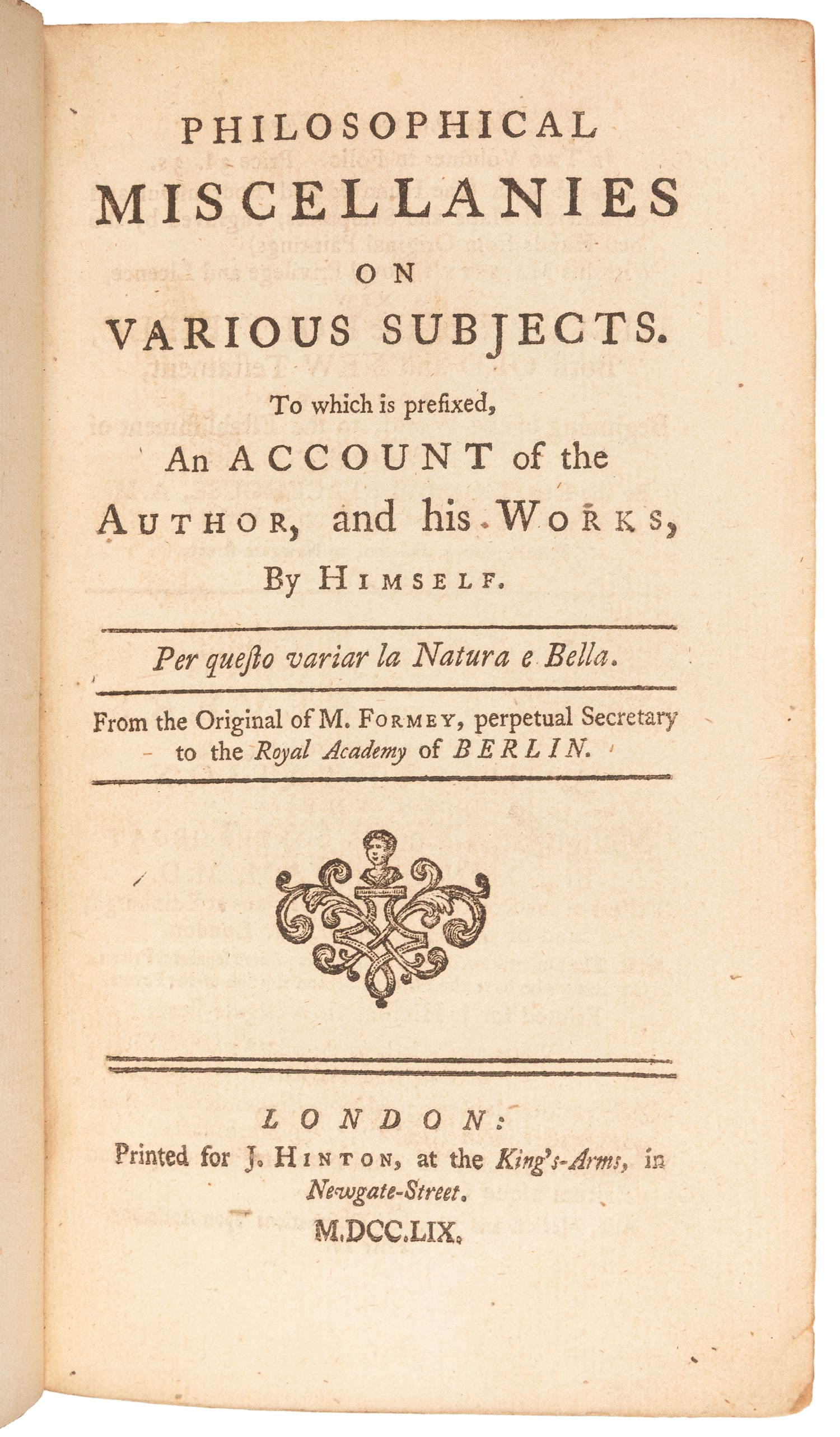 [DREAMS, etc.]. FORMEY, [Johann Heinrich Samuel, or Jean Henri SamueL, 1711-1797]. Philosophical (1 of 2)