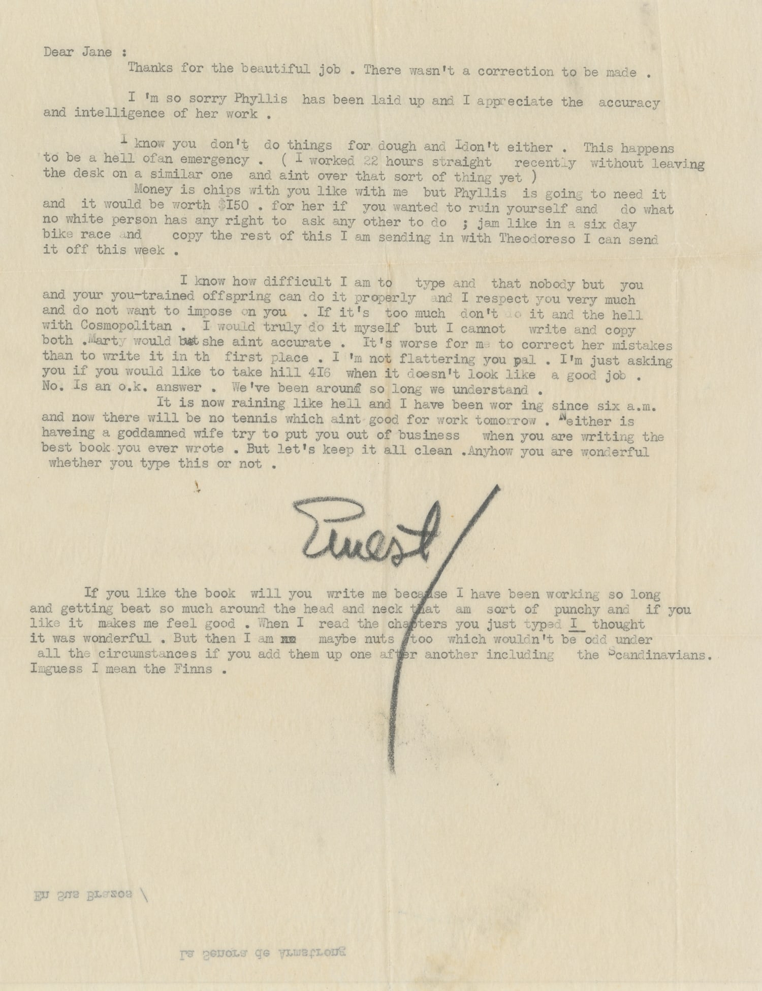 HEMINGWAY, Ernest (1899-1961). Typed Letter Signed to Jane Armstrong, His Typist and Friend, About (1 of 1)