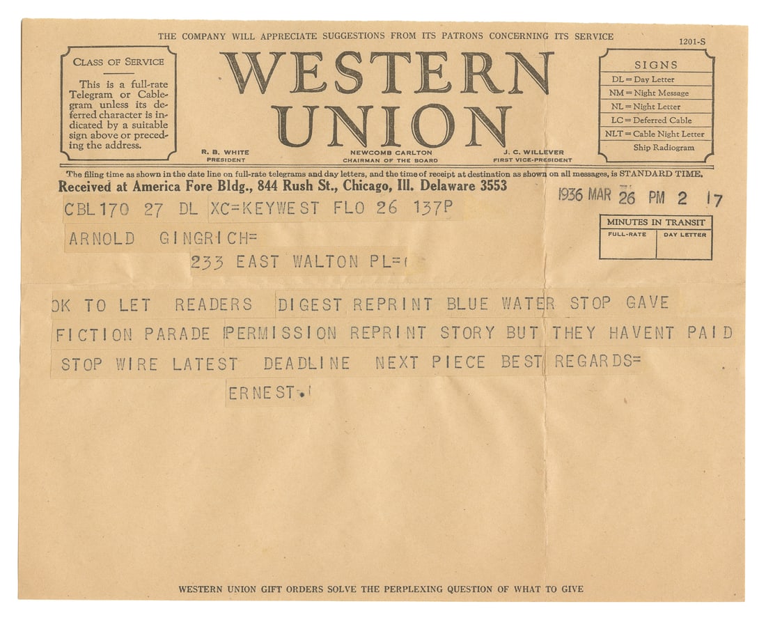 [HEMINGWAY, Ernest (1899-1961), association]. Original Telegram from Hemingway to Esquire Editor / (1 of 1)
