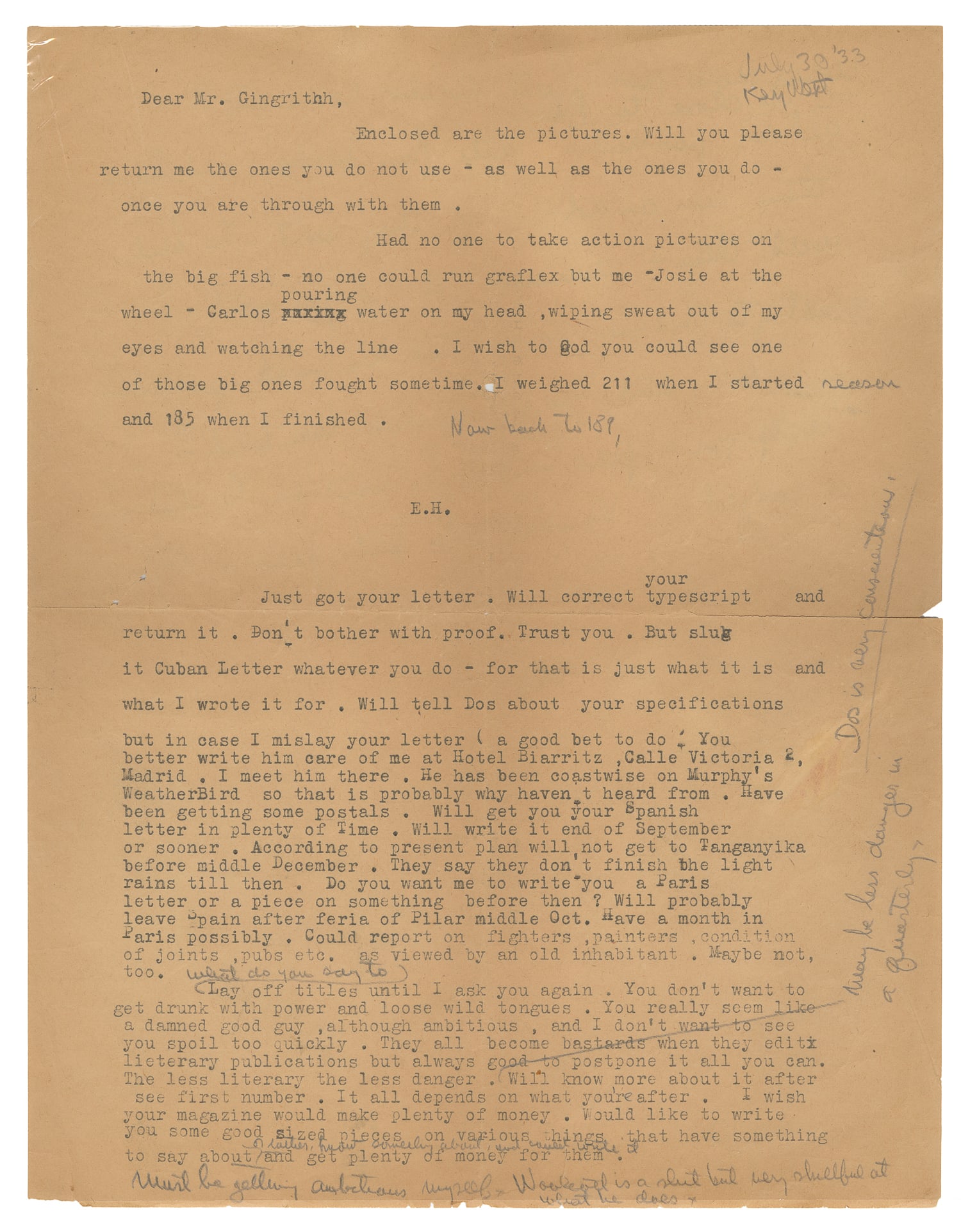 HEMINGWAY, Ernest (1899-1961). Typed Letter Signed to Arnold Gingrich with Signed Envelope. Key (1 of 3)