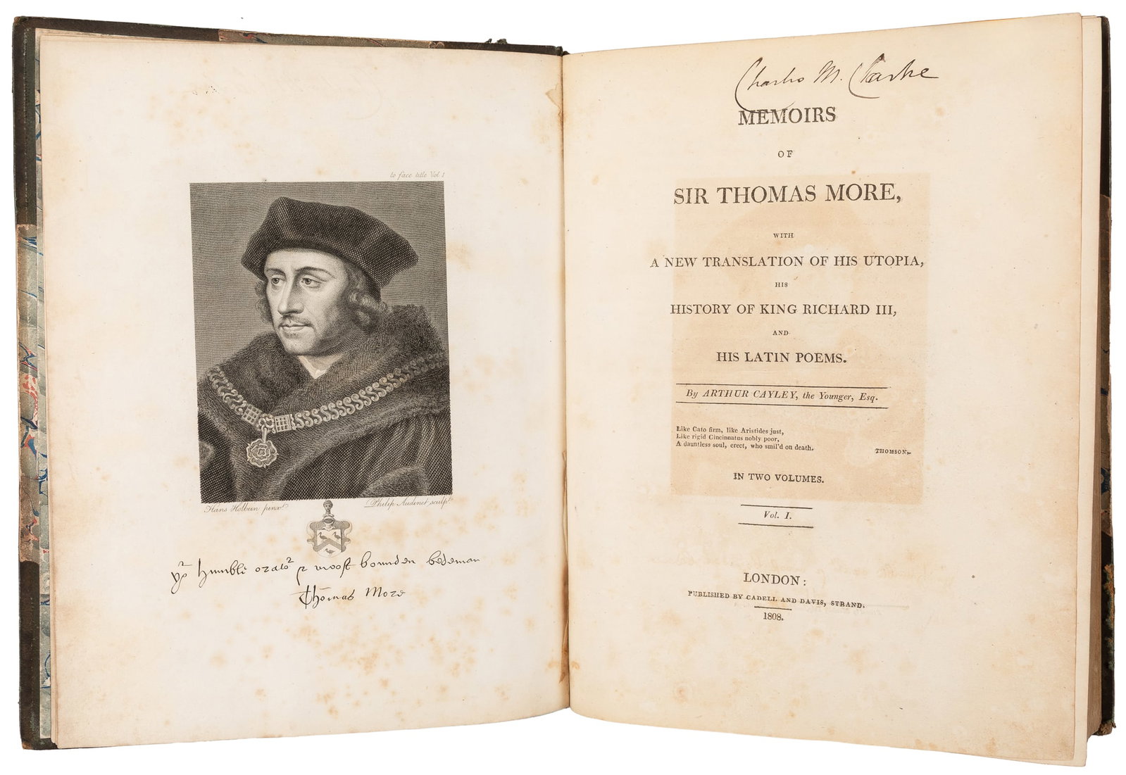 [MORE, Sir Thomas (1478-1535), subject]. CAYLEY, Arthur (1776-1848). Memoirs of Sir Thomas More, (1 of 2)
