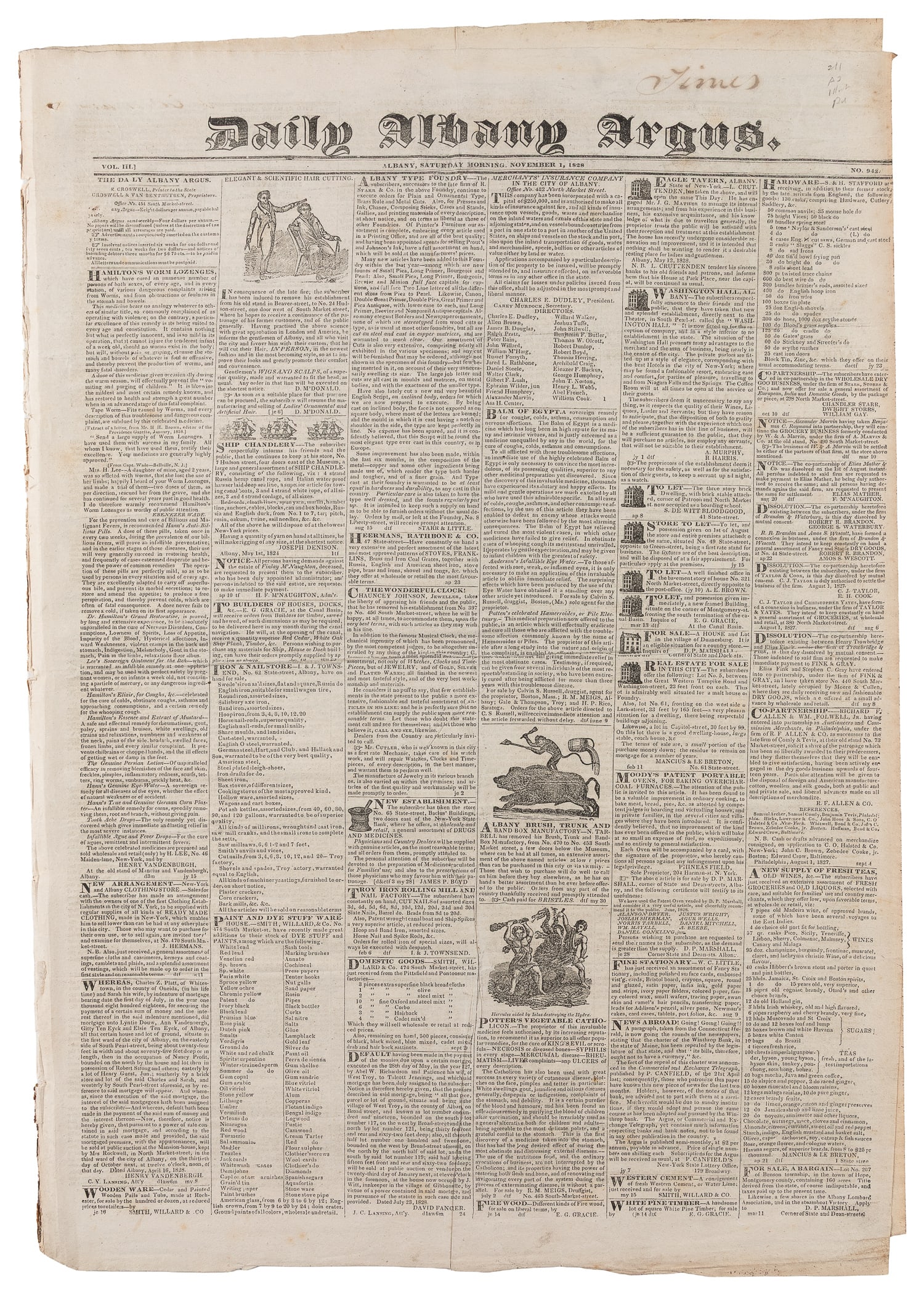 [NEWSPAPERS]. [JACKSON, Andrew (1767-1845), subject]. Daily Albany Argus. Vol. III No. 943. Albany: (1 of 2)