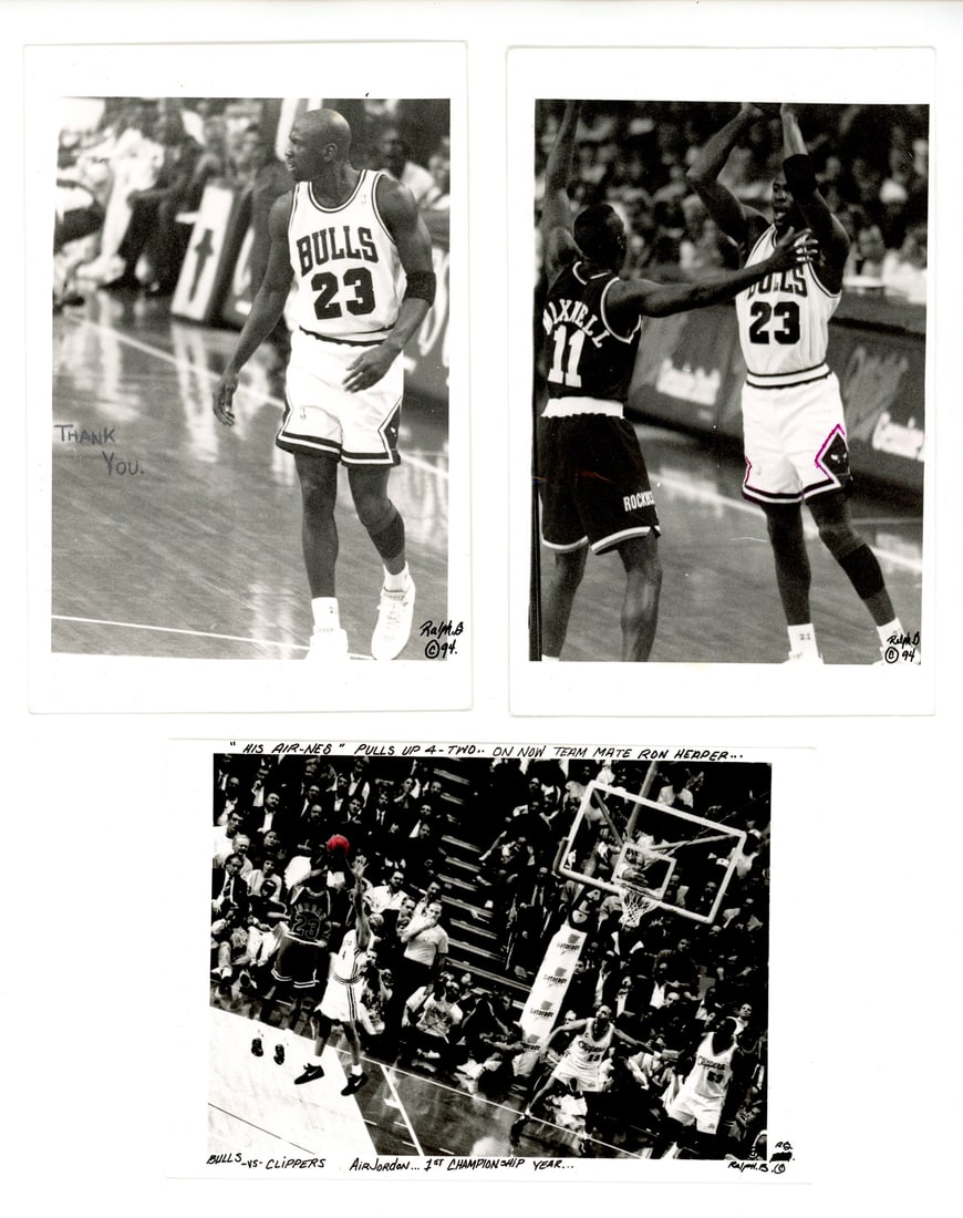 Michael Jordan Chicago Bulls Original Photographic Postcards by Ralph D. (3). 1991–94: Michael Jordan Chicago Bulls Original Photographic Postcards by Ralph D. (3), 1991–94 Group of three original black-and-white photographs of Michael Jordan in Chicago Bulls uniform, printed as 4