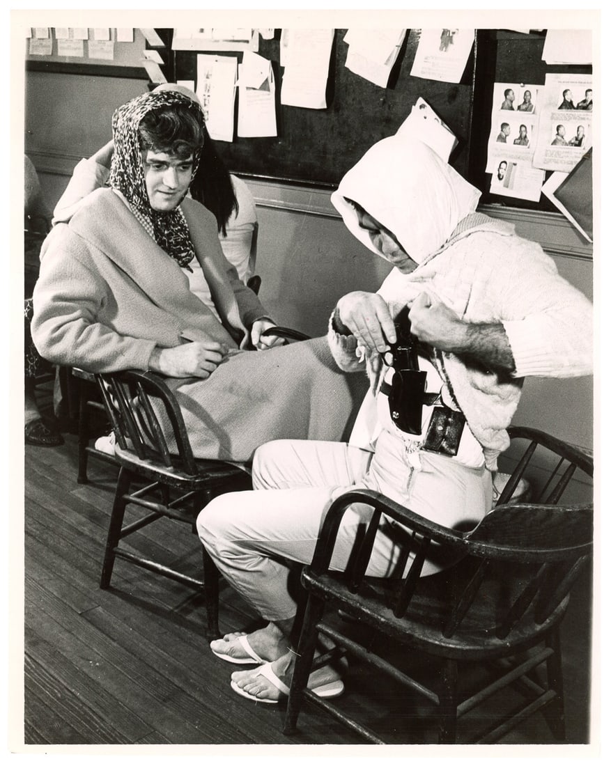 NY Herald Tribune Press Photo of Undercover Officers Dressed as Women. 1962.: 1962 NY Herald Tribune Press Photo of Undercover Officers Dressed as Women. 1962. Original blakc and white silver gelatin press photograph showing two apparent New York undercover officers or detectiv