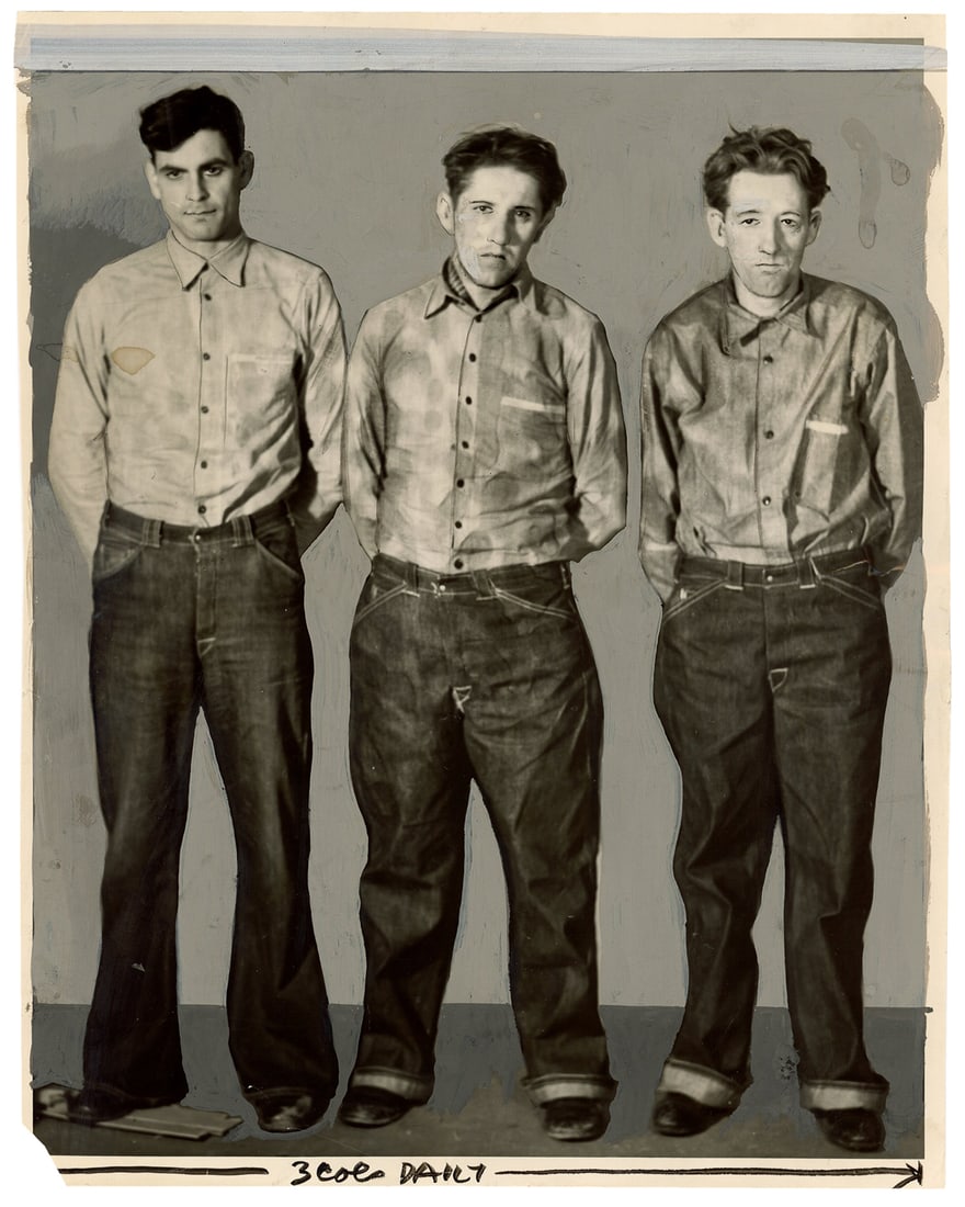San Quentin Escapees Fred Landers, Alex McKay, Joe Kristy Press Photo with Clipping. 1930s.: San Quentin Escapees Fred Landers, Alex McKay, Joe Kristy Press Photo with Clipping. 1930s. Silver gelatin print. Original press photograph showing three men identified in the accompanying newspaper c
