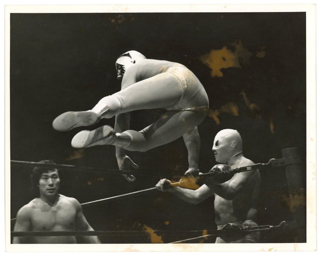 Mil Máscaras Lucha Libre Wrestling Photographs. Group of Nine. 1980s.: Mil Máscaras Lucha Libre Wrestling Photographs. Group of Nine. 1980s. Nine gelatin silver and color press photographs depicting famed Mexican luchador Mil Máscaras in various posed and