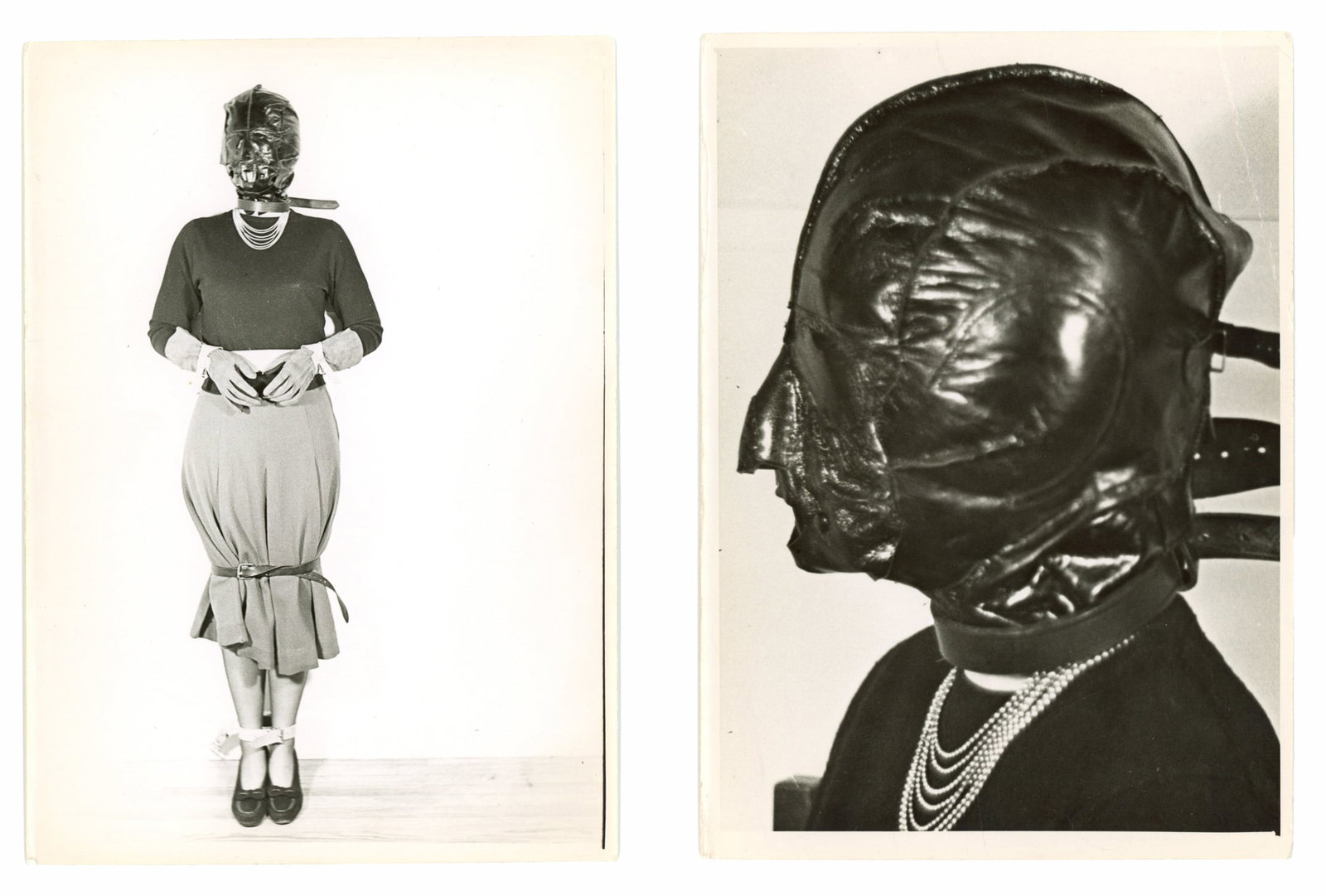Five Fetish Photographs. Mid-20th Century.: Five Mid-Century Fetish Photographs. Mid-20th Century. Five silver gelatin photographs, mid-20th century. A group of staged studio photographs depicting a female subject posed in various restrained po