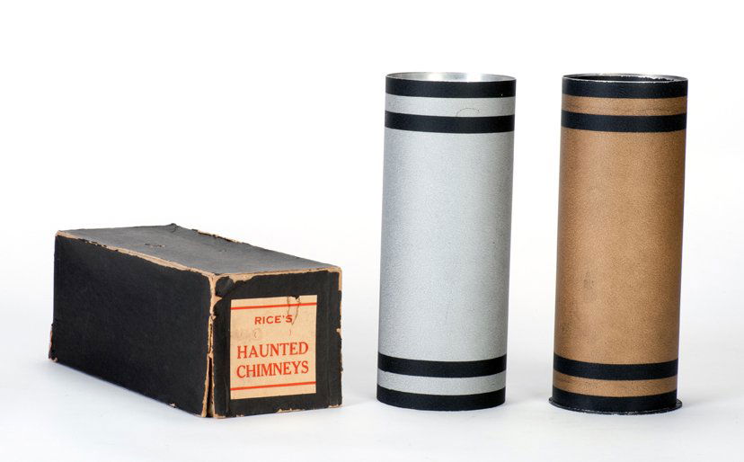 Haunted Chimneys (Jumbo). Silk King Studios, ca. 1950: Haunted Chimneys (Jumbo). Cincinnati, Silk King Studios, ca. 1950. The magician shows two metal tubes empty, then produces a large quantity of silk handkerchiefs from the nested containers. Crackle fi