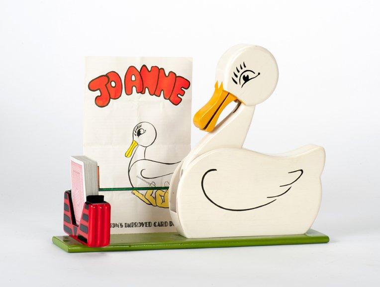 Jo Anne Card Duck. Warren Hamilton, ca. 1950: Jo Anne Card Duck. Tampa Florida, Warren Hamilton, ca. 1950. Wooden duck obeys the magician, picking selected cards out of a “feed box” on a platform in front of him. Base 13” long. With origina