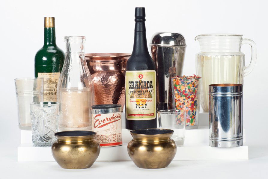 Group of vintage magic tricks with liquid: [Liquid Tricks] Group of vintage magic tricks with liquid. Including a large Milk Pitcher (Abbott), Brahmin Rice Bowls, Lota Bowl (MAK), Foo Can (Holmes), Confetti Glass (Holmes), DeMuth Milk Bottle,