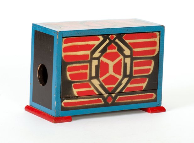 Silk Cabby. Owen Magic Supreme, ca. 1960: Silk Cabby. Alhambra, Owen Magic Supreme, ca. 1960. An attractively decorated wooden cabinet in which silk handkerchiefs vanish, appear, changes colors, etc. Scarab motif in black, blue, gold and red.