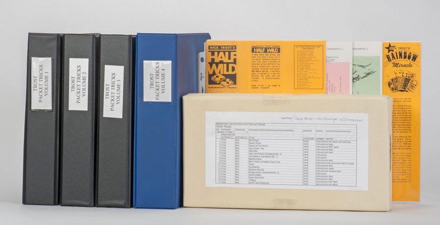 Collection of over 90 Nick Trost card and packet tricks: Trost, Nick. Collection of over 90 Nick Trost card and packet tricks. Possibly a complete collection of tricks with trick cards as issued by Nick Trost of Columbus, Ohio over the course of 30+ years. 