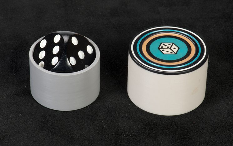 Radar Die Box. Eddy Taytelbaum, ca. 1970: Radar Die Box. Holland, Eddy Taytelbaum, ca. 1970. Miniature wooden die is concealed in a small round box with tight-fitting lid. Magician instantly knows which number is uppermost on die. Box with re