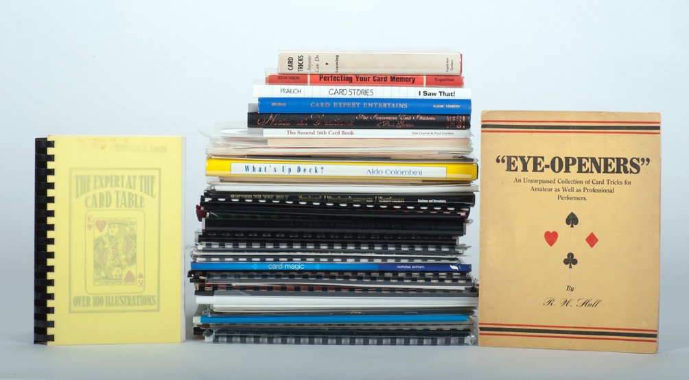 Over sixty books and notes on card magic: [Card Magic] Lot of over sixty books and notes on card magic. Including Nocturnal Creations (1997) by Paul Gordon; Gaffed to the Hilt (1993) by Kaufman and Racherbaumer; The Card Expert Entertains (19