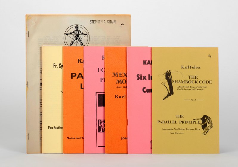 Group of seven Karl Fulves card magic publications: Fulves, Karl. Group of seven Karl Fulves card magic publications. Including Mexican Monte (1972), Four Color Problems (1979), The Shamrock Code/The Parallel Principle (1979), Parallel Lines (1980), Si