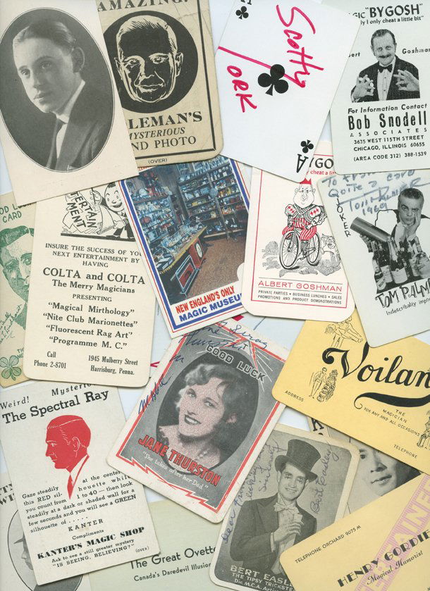 Over 30 Magician's throw-out cards and signed cards: [Cards] Group of over 30 magician’s throw-out cards and signed cards. Including throw-outs used by Howard Thurston (three; one signed by Jane Thurston), Dave Coleman, Tom Palmer, Al Goshman (two dif