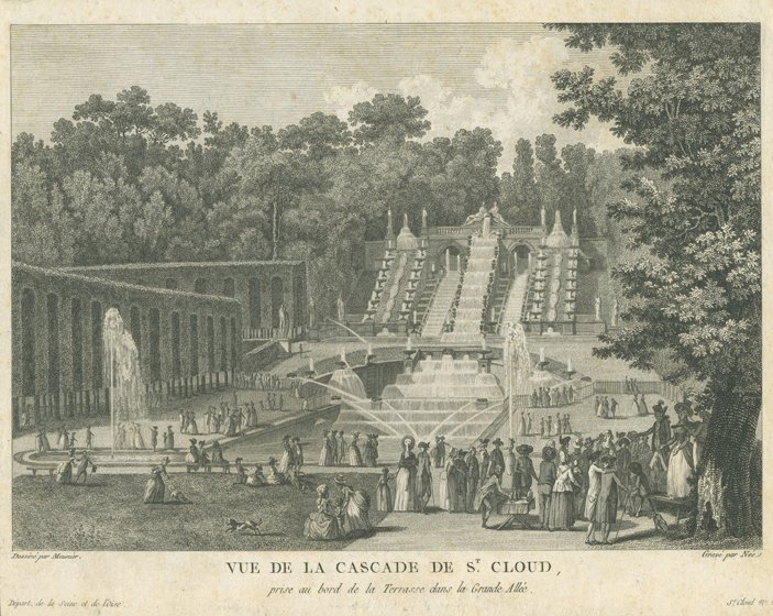 Engraved print titled “Vue de la Cascade de St. Cloud.: [Cups and Balls] Engraved print titled “Vue de la Cascade de St. Cloud.” Copper engraving, “Gravé par Neé”, ca. 1792. In the foreground of this idyllic scene at the Chateau St. Cloud, a stre