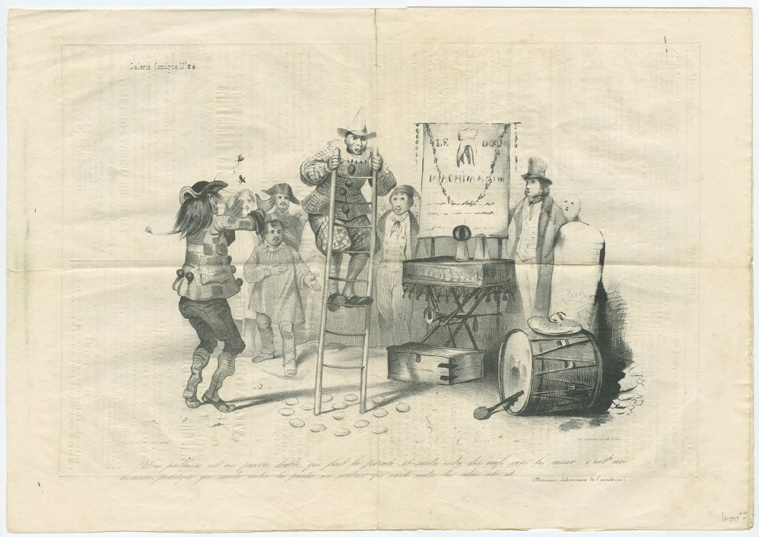 Steel engraving of Cups and Balls Conjurer: [Cups and Balls] Steel engraving of Cups and Balls Conjurer. Extracted from Le Charivari, May 6, 1837. The scene depicts the magician walking on a ladder, as a crowd watches. The Cups and Balls rest o