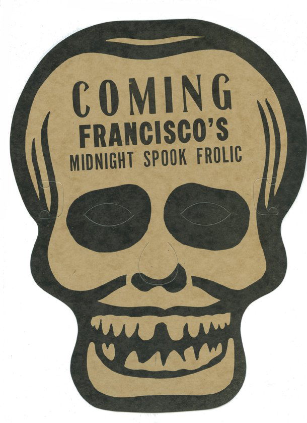 15 Pieces of Francisco Spook Show memorabilia: Francisco (Arthur F. Bull). 15 Pieces of Francisco Spook Show memorabilia. Including flyers, die-cut skeleton masks, brochures, and more. Most with charming period graphics. Sizes vary. 1940s – 50s.