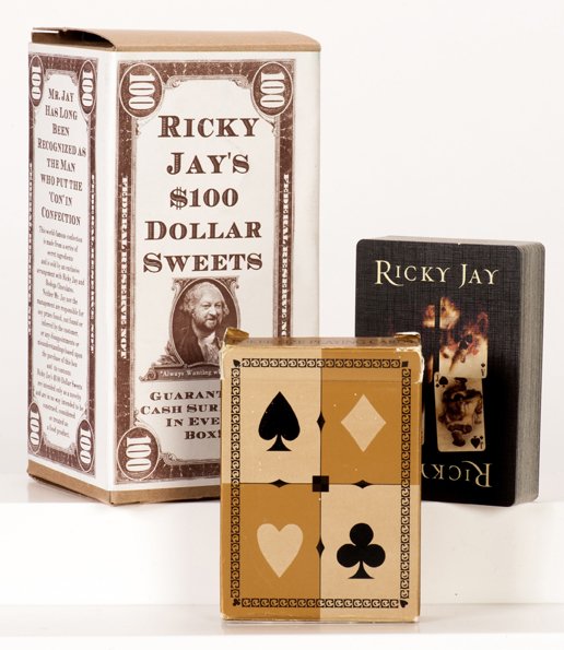 Ricky Jay’s $100 Dollar Sweets and playing cards: Jay, Ricky. Ricky Jay’s $100 Dollar Sweets and playing cards. Being a box of candy given away as part of Ricky Jay’s 2003 Broadway production, On the Stem. Box bears a humorous pictorial label; or
