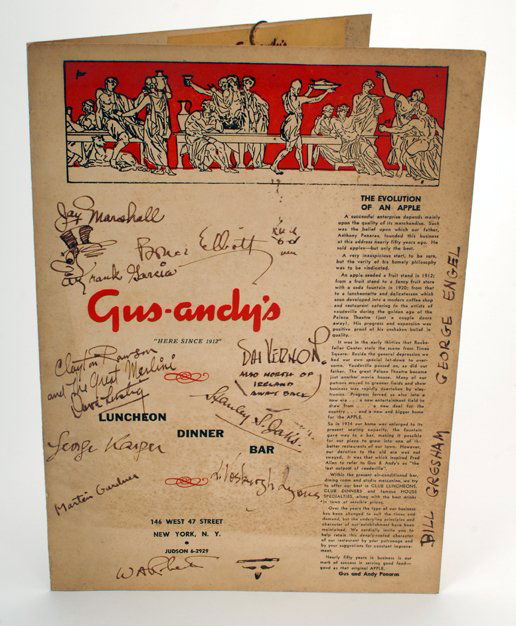 Dai Vernon and others, 1935 Gus-Andy's signed menu: Vernon, Dai (David Frederick Wingfield Verner). Gus-Andy’s menu, autographed by Dai Vernon and other magicians. Signatures include those of Jay Marshall, Bruce Elliot, Dai Vernon, Frank Garcia, and