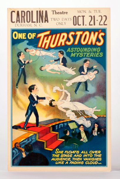 Howard Thurston. Color lithographed window card: Thurston, Howard. One of Thurston’s Astounding Mysteries. She Floats… Cleveland, Otis Litho. Co., 1936. Color lithographed window card (14 x 22”) depicting Thurston’s famous levitation from hi