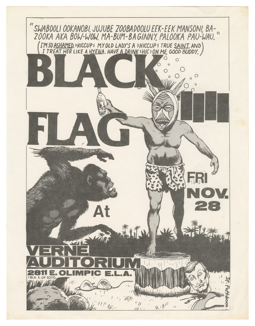 PETTIBON, Raymond (1957-). Black Flag at Verne Auditorium.: PETTIBON, Raymond (1957-). Black Flag at Verne Auditorium. Nov. 28, 1980. Xeroxed handbill/flyer for the concert at Verne Auditorium in Los Angeles. Artwork depicts a gorilla and a man in a mask with 
