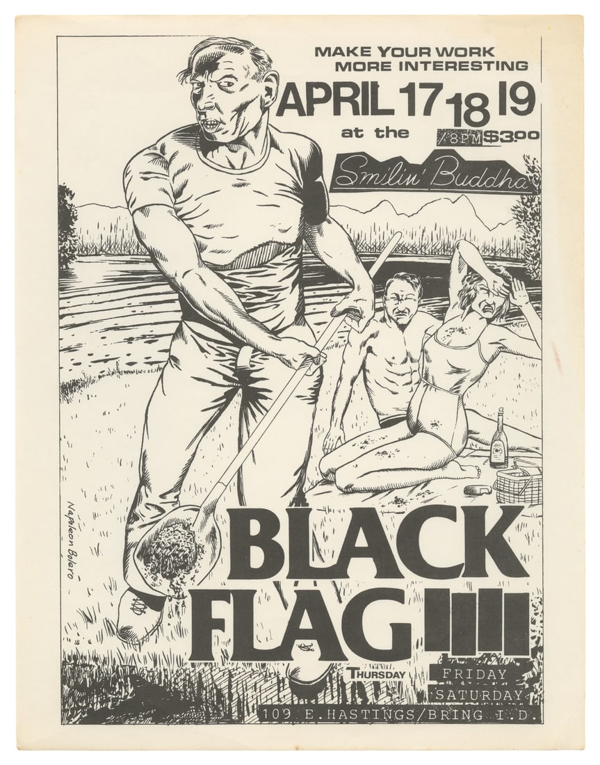 PETTIBON, Raymond (1957-). Black Flag at the Smilin' Buddha.: PETTIBON, Raymond (1957-). Black Flag at the Smilin' Buddha. Apr. 17-19, 1980. Xeroxed handbill/flyer for the concerts at the Smilin' Buddha in Vancouver. Artwork depicts a grave digger throwing dirt 