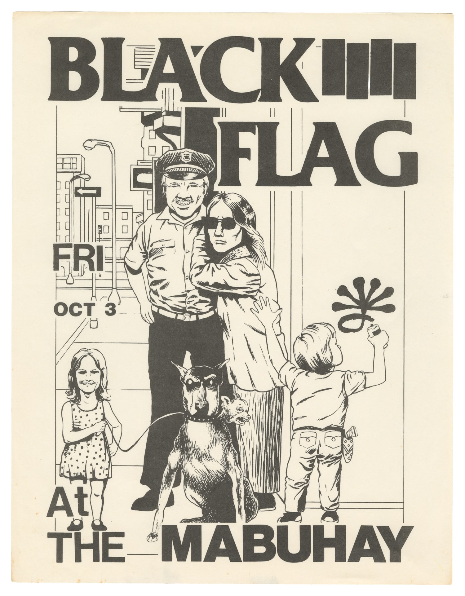 PETTIBON, Raymond (1957-). Black Flag at the Mabuhay.: PETTIBON, Raymond (1957-). Black Flag at the Mabuhay. Oct. 3, 1980. Xeroxed handbill/flyer on white paper for the concert at the Mabuhay in San Francisco. Artwork depicts a police officer with mutant 