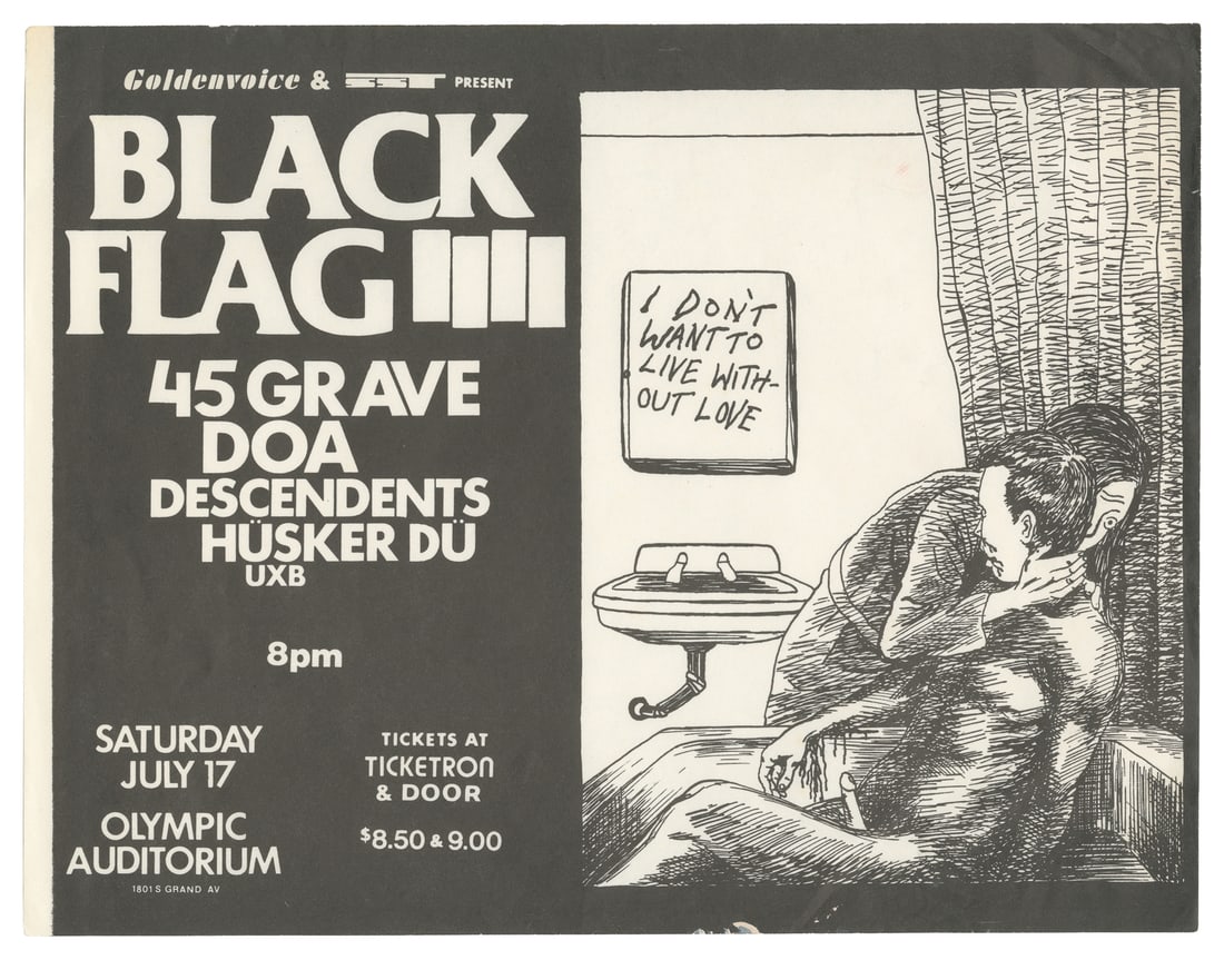 PETTIBON, Raymond (1957-). Black Flag with 45 Graves, DOA, Descendents, Husker Du, and UXB.: PETTIBON, Raymond (1957-). Black Flag with 45 Graves, DOA, Descendents, Husker Du, and UXB. Jul. 17, 1983. Xeroxed handbill/flyer on white paper for the concert at the Olympic Auditorium in Los Angele
