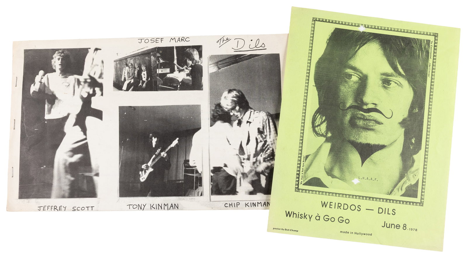 Weirdos/ Dils 1978 Whisky a Go Go Co-bill Flyer and Dils Press Notice. California, late 1970s.: Weirdos/ Dils Whisky a Go Go Co-bill Flyer and Dils Press Notice. California, late 1970s. An original gig flyer from a Whisky a Go Go 1978 Weirdos / Dils co-bill, featuring a comically defaced Mick Ja