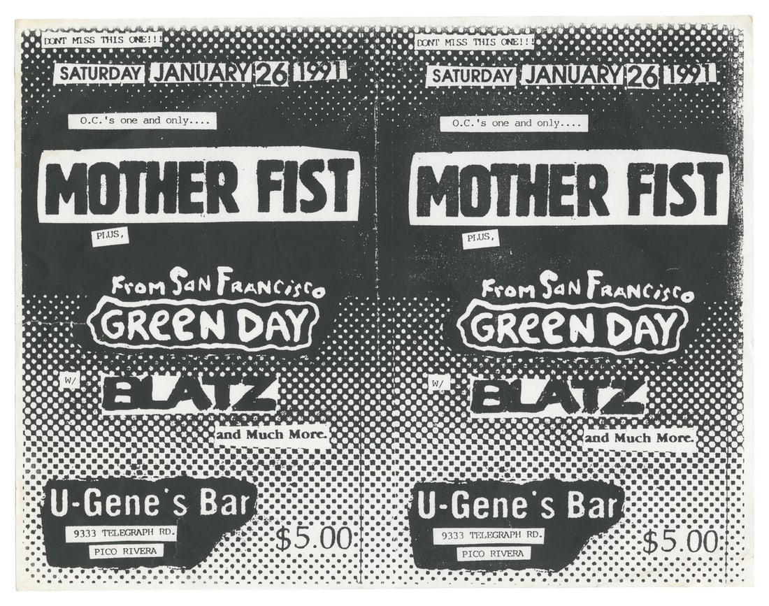 Early Green Day Included Concert Flyer. Pico Rivera, 1991.: Early Green Day Included Concert Flyer. Pico Rivera, 1991.Concert flyer from the 39/Smooth tour.U-Gene's Bar, Sat. Jan, 26, 1991. FeaturingMother Fist, Green Day and Blatz (anothe Billie Joel Armstron