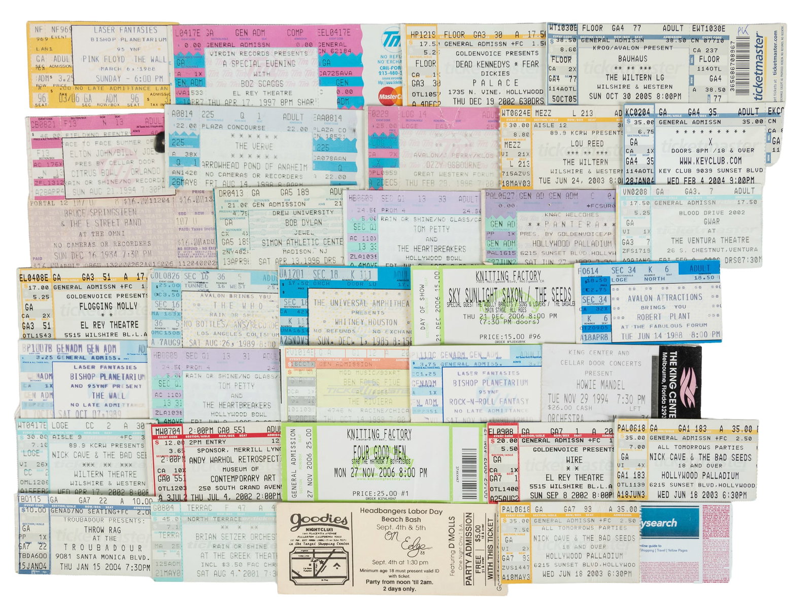 30+ Popular Concert Ticket Collection. V.p., late 1990s/2000s.: 30+ Popular Concert Ticket Collection. V.p., late 1990s/2000s. Group of approx. 35 ticket Stubs from venues across the U.S. Popular acts include: Pink Floyd (The Wall Tour, 1988), Elton John/ Billy Jo