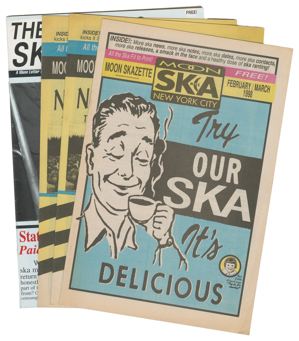 Moon Ska News ‘Skazettes.’ Three Issues. New York, 1998.: Moon Ska News ‘Skazettes.’ Three Issues. New York, 1998. Three 1998 issues (Feb/March, Summer, and Aug/Sept) of the Moon Ska Records-published fanzine revolving around the Ska music scene 