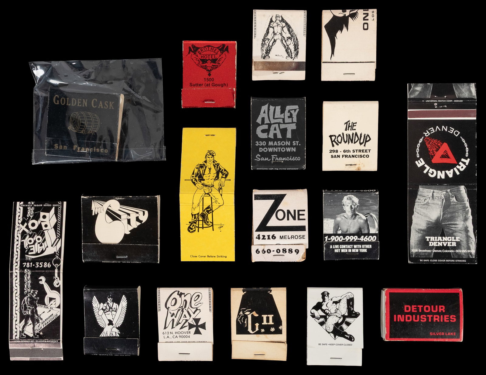 Small Matchbook Collection from West Coast Gay Clubs and Establishments. Mid to late 20th century.: [GAY INTEREST]. Small Matchbook Collection from West Coast Gay Clubs and Establishments. Mid to late 20th century. Sixteen matchbooks, the majority unused, collected from establishments that catered t