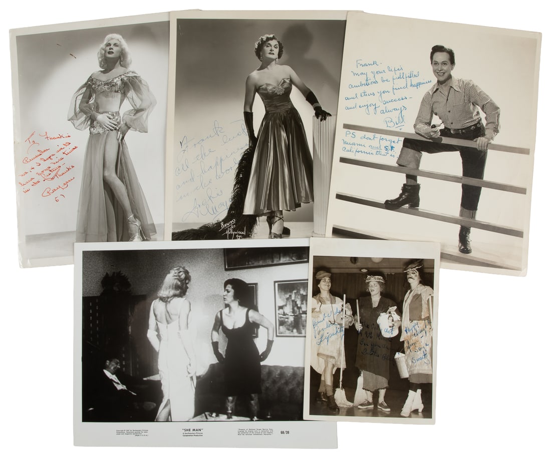 [DRAG QUEENS]. Group of Nearly 20 Photographs or Film Stills of Drag Queens, Several Inscribed.: [DRAG QUEENS]. Group of Nearly 20 Photographs or Film Stills of Drag Queens, Several Inscribed. [V.p., ca. 1950s-1970s]. Black and white signed promotional photos of Female Impersonators, lot includes