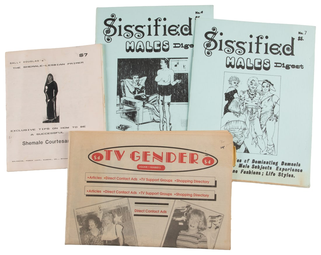 [TRANSSEXUALS]. Group of Four Newspapers or Zines on the Transsexual Lifestyle. [V.p., ca. 1980s].: [TRANSSEXUALS]. Group of Four Newspapers or Zines on the Transsexual Lifestyle. [V.p., ca. 1980s]. 4tos. Publisher's wrappers or newsprint. Items include: TV Gender newspaper vol. 1, #5, Sissified Mal