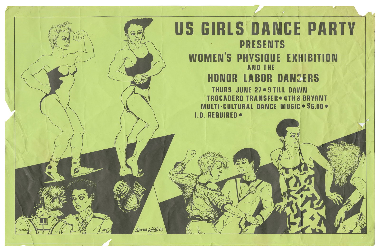 US Girls Dance Party Presents Women's Physique Exhibition. [San Francisco]: n.p., ca. 1985.: US Girls Dance Party Presents Women's Physique Exhibition. [San Francisco]: n.p., ca. 1985. Illustrative single-sheet poster advertising the Women's Physique Exhibition and the Labor Dancers at the Tr