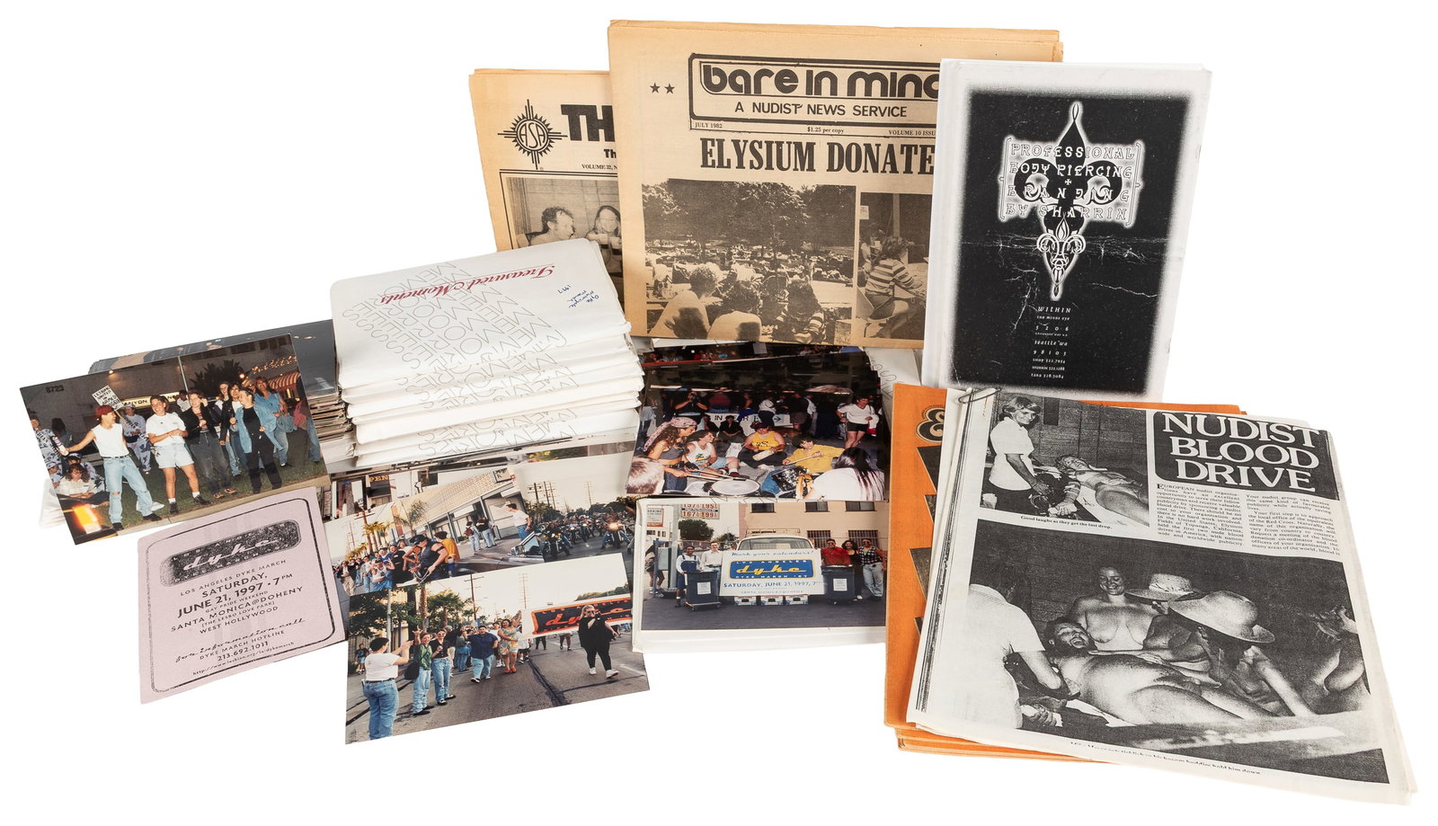 Lot of nudist and LGBTQ photos, publications, and ephemera.: Lot of nudist and LGBTQ photos, publications, and ephemera. California, 1980s-90s. A box of photographs, newsletters, flyers, magazines, documents, and certificates. Includes:a file of material relate
