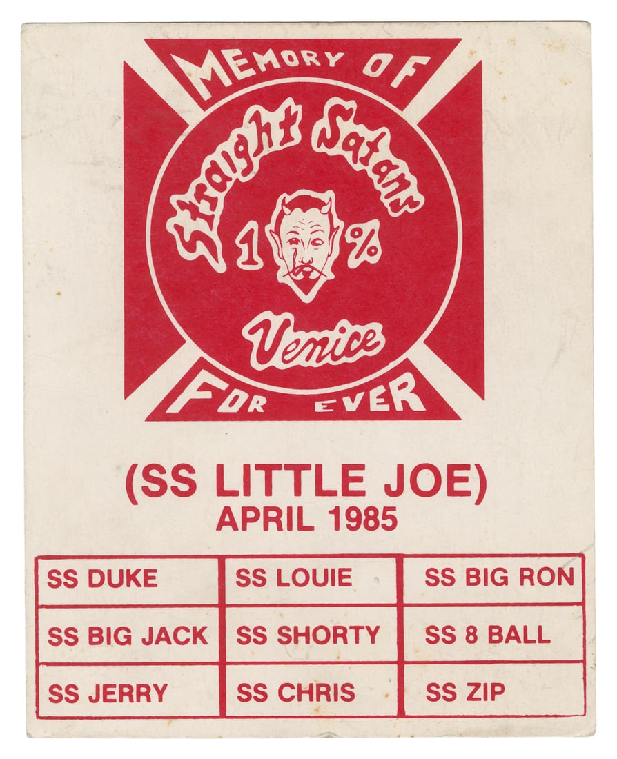 Straight Satans Motorcycle Club Member Memorial Card. Venice, 1985.: Straight Satans Motorcycle Club Member Memorial Card. Venice, 1985. Heavy cardstock memorial keepsake for member SS Little Joe of the Straight Satans motorcycle club, April 1985. Printed in red and wh