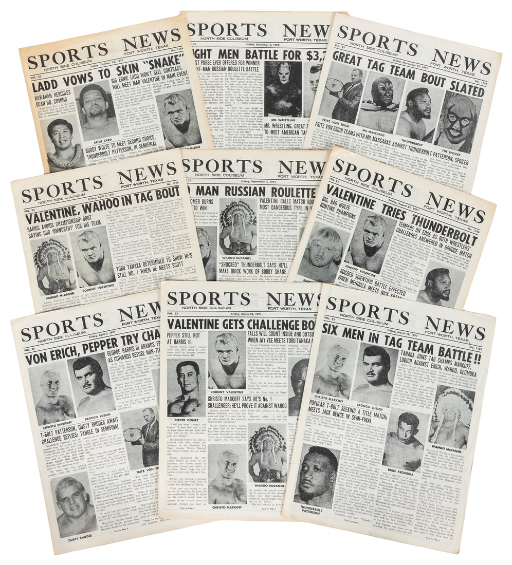 [PROFESSIONAL WRESTLING]. Group of Nearly 50 Wrestling Programs or Newsletters. [V.p., ca.: [PROFESSIONAL WRESTLING]. Group of Nearly 50 Wrestling Programs or Newsletters. [V.p., ca. 1969-1981]. 4tos. Staple-bound printed wrappers, most in black and white, Wrestling News in one color and