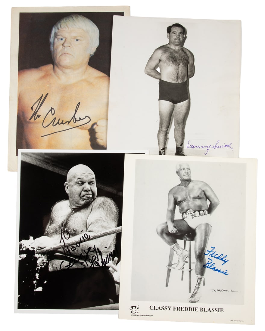 [PROFESSIONAL WRESTLING]. Group of 3 Signed Photos Plus a Signed Program. [V.p., ca. 1970s-1990s].: [PROFESSIONAL WRESTLING]. Group of 3 Signed Photos Plus a Signed Program. [V.p., ca. 1970s-1990s]. Photos are black and white, all approximately 10 x 8". Program is 4to, staple-bound in color.Signed