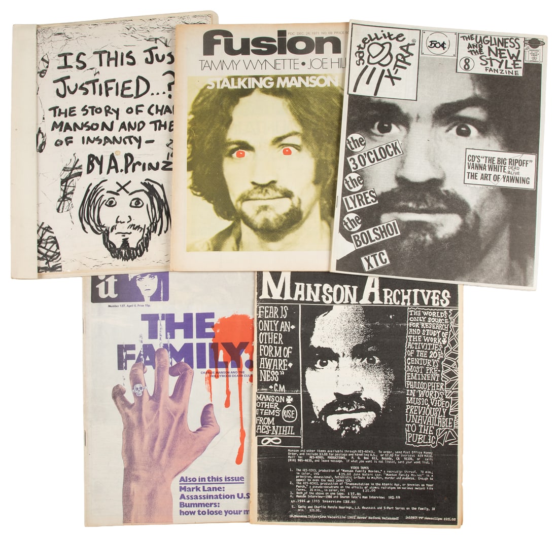 [CHARLES MANSON]. Group of 5 Charles Manson Zines. V.p., 1970s-1980s. (1 of 1)