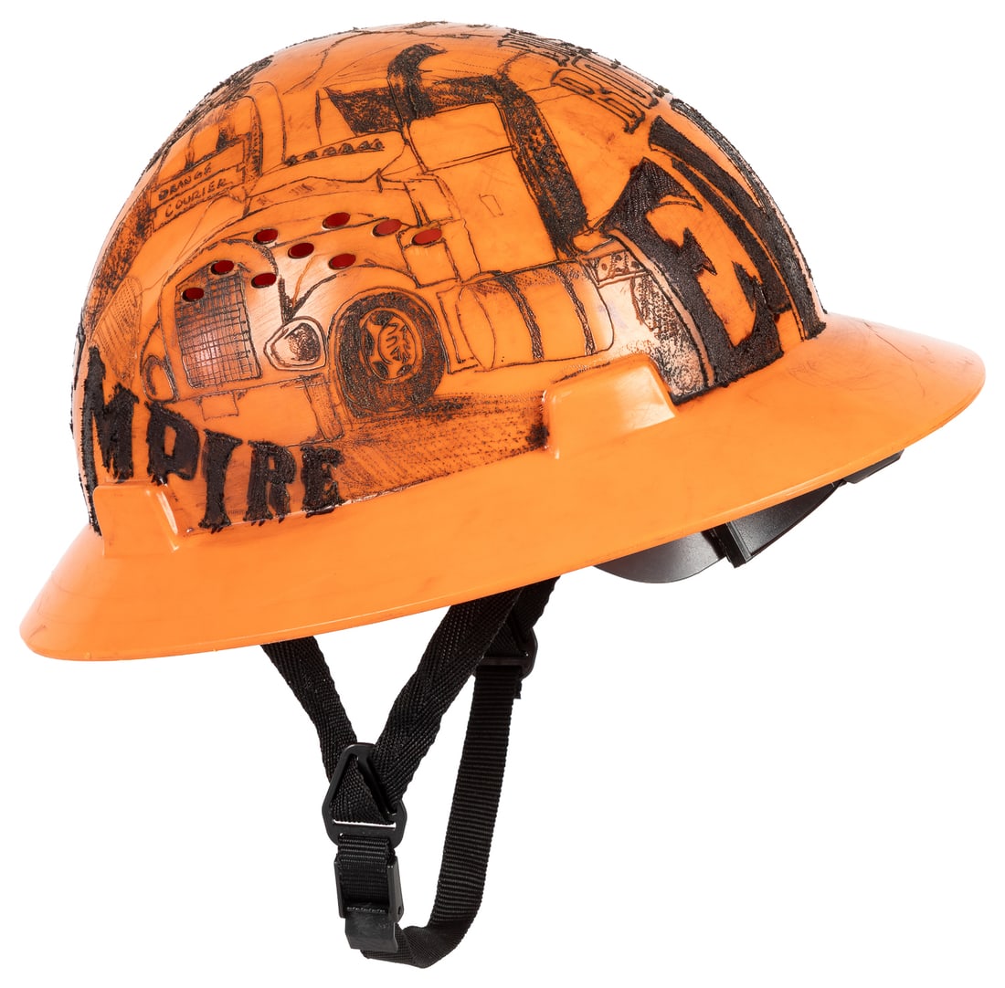 Prison Construction Helmet with Pokerwork Motifs.