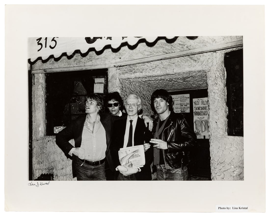 [KRISTAL, Lisa, photographer]. Photographic Portrait of Andy Warhol, Lance Loud, and Two Other Men (1 of 1)