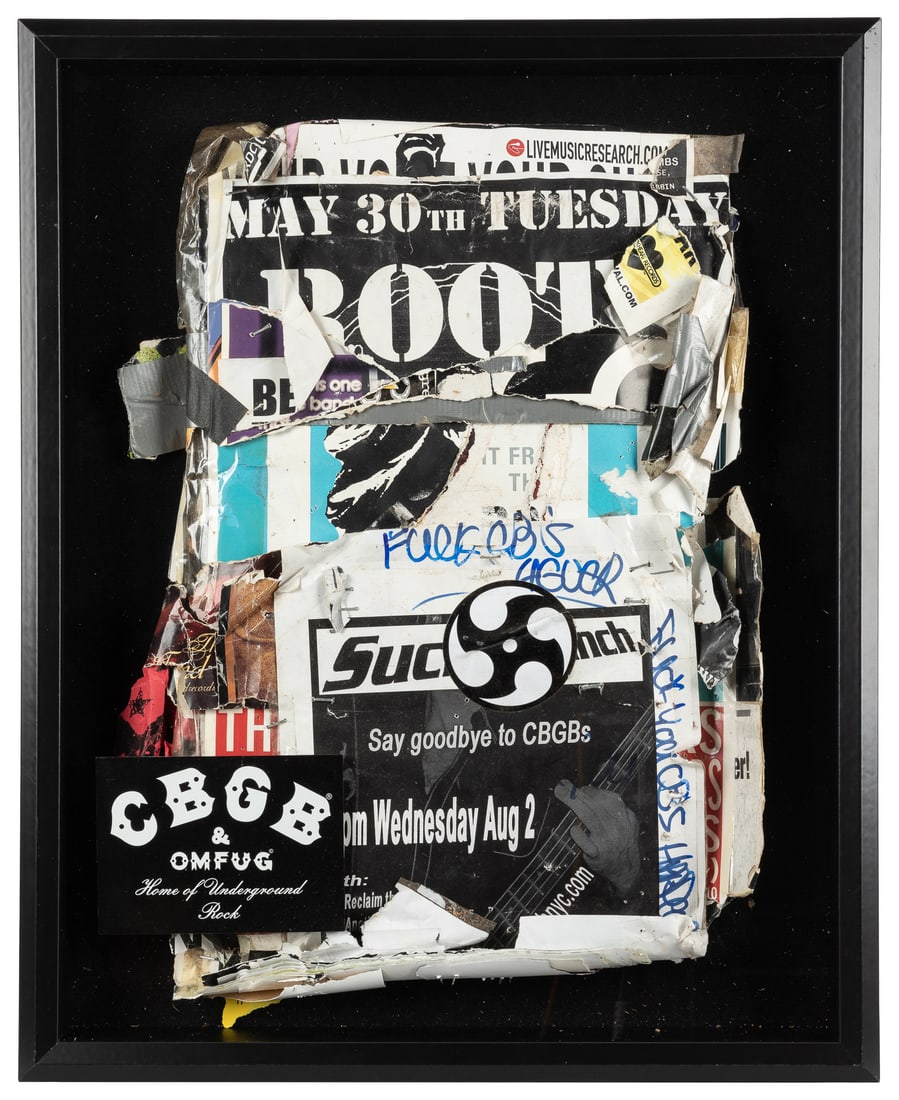 [CBGB & OMFUG CLUB]. Poster Pieces that Were on the Wall at CBGB, Framed in Shadowbox. [Circa (1 of 1)