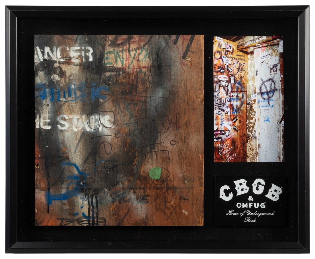 [CBGB & OMFUG CLUB]. Wall Piece from Interior of CBGB, Framed in Shadowbox with Photo. [Circa (1 of 1)