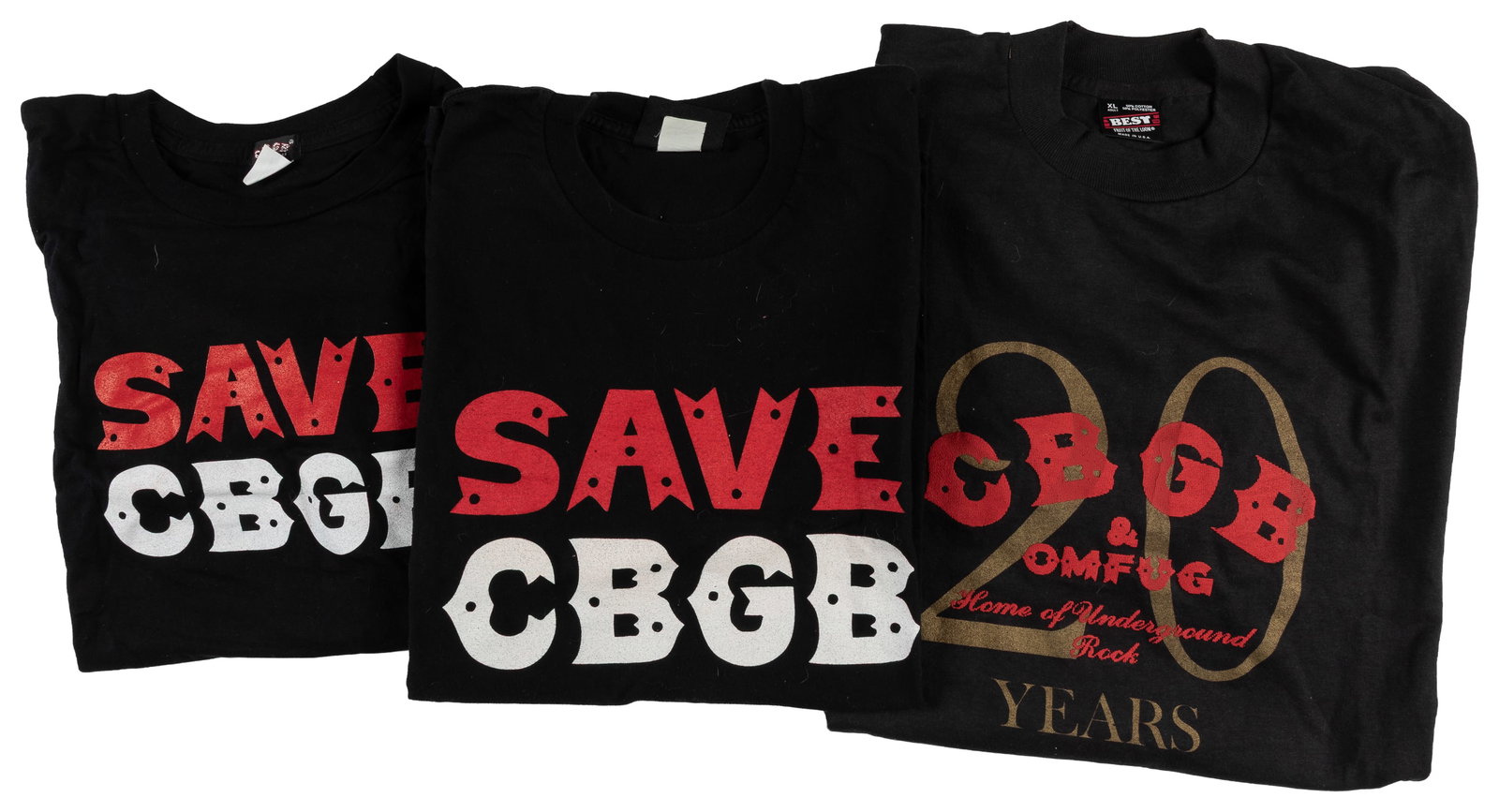 [CBGB & OMFUG CLUB]. Trio of "Save CBGB" and "20 Years CBGB" T-Shirts. [Ca. 1990s-2000s]. (1 of 1)