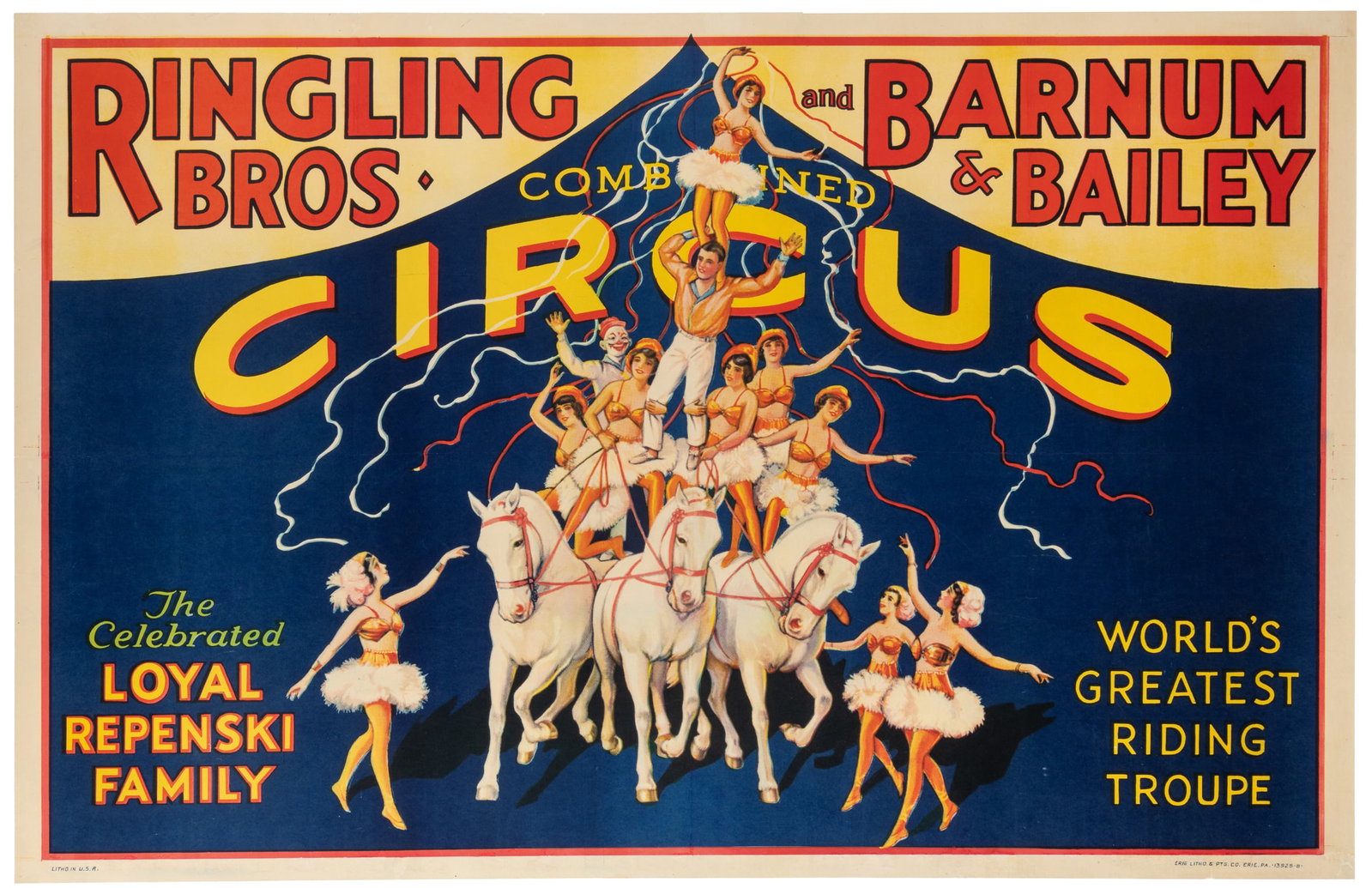 Ringling Bros. and Barnum & Bailey / Loyal Repenski Family.: Ringling Bros. and Barnum & Bailey / Loyal Repenski Family. Erie: Erie Litho & Ptg., ca. 1930s. Horizontal one-sheet offset lithograph poster. Linen backed. 26 3/8 x 41".